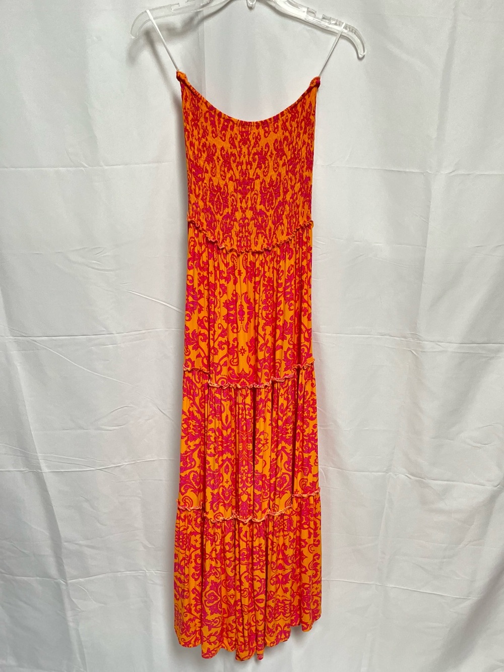 Abel the Label Vibrant Orange & Pink Strapless Smocked Tiered Maxi Dress Sz M - Picture 5 of 6
